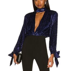 Lovers + Friends Blue Plunging Velvet Top MEDIUM Cocktail Party Bows $178 NEW